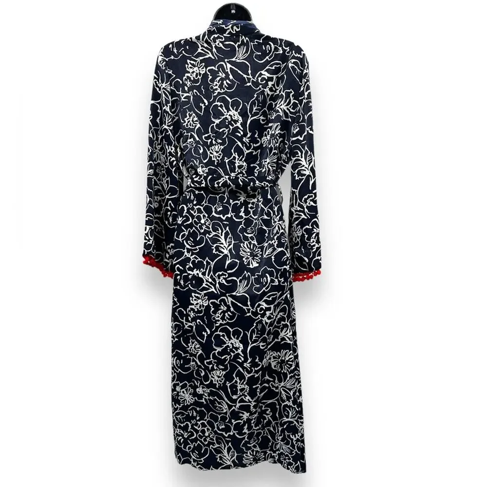 Misa Azores Tasseled Navy Blue & White Floral Long Sleeve Tie Long Kimono XS NEW
